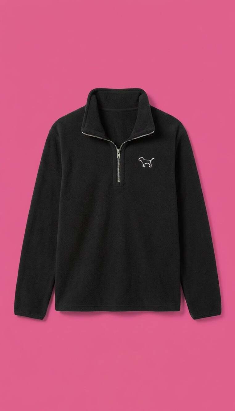 Victoria's Secret PINK Black Polar Fleece Quarter Zip Pullover Sweatshirt